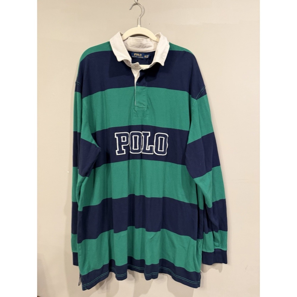 Polo Ralph Lauren Men's Long Sleeve Polo Green & Blue Rugby 3XLT Spellout - Picture 1 of 3
